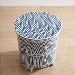 Handcrafted <b>Blue</b> Bone Inlay Round <b>Bedside</b> <b>Table</b> with 2 Drawers Luxury Nightstand Bedroom Furniture Home Decor - Product Image 3