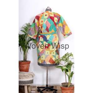 Женское зимнее пальто ручной работы, хлопковая стеганая куртка Kantha с этническим Бохо в стиле пэчворк, тонкая индийская Рабочая длинная куртка Kantha - Product Image 5