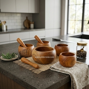 Mortier et pilon en teck écologique de style vintage, design rond, 4,1-5,5 pouces, ustensiles de cuisine pour salade - Product Image 5
