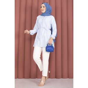 Tunica Casual da Donna in Popeline e Chiffon, Dettaglio a Righe con Lacci, Azzurro, Vestibilità Ampia, Lunghezza Lunga per Primavera/Estate/Autunno XL - Product Image 1