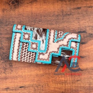 Cartera de mano de cuero de piel de vaca de diseñador, billetera tallada a mano, tarjetas de crédito de cuero de Color turquesa Vintage, regalos en efectivo - Product Image 1