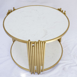 Modern Farmhouse 2-Tier <b>Round</b> Tea <b>Table</b> 60x60x45cm Convertible Stone Top and Iron Legs Durable for Entry Use-TT68103 - Product Image 2