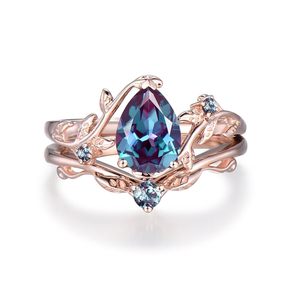 925 plata esterlina alejandrita compromiso 18K placa de oro Art Deco hoja anillo de boda conjunto para mujer regalo - Product Image 1