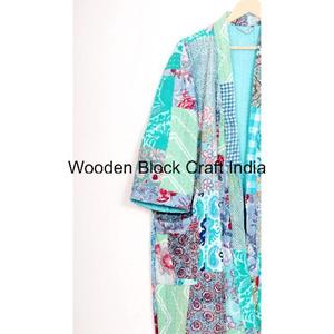 Chaqueta Kimono Corta Acolchada Kantha Indigo Transpirable con Cuello en V, Ropa de Dormir Informal de Algodón Suave para Mujer, Estilo Moderno y Acogedor - Product Image 3