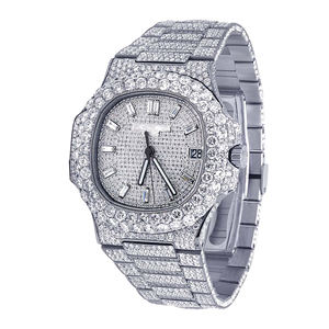 Fashion Iced Out Moissanite Quartz <b>Watch</b> with Glass Dial <b>Black</b> Roman Numerals - Product Image 2
