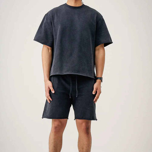 Conjunto de 2 piezas de camiseta y pantalón corto de algodón transpirable con lavado ácido, estilo vintage, para hombre - Product Image 4