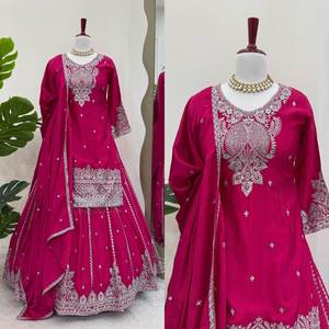 Fil complexe en soie de Chinon de meilleure qualité avec haut de travail de broderie de séquence avec travail de séquence de soie Lehenga et Chinon Dupatta - Product Image 4
