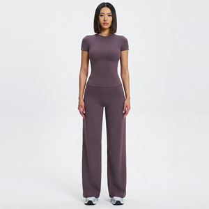 Women's Seamless Yoga Set Crew Neck Short Sleeve High Waist Full Length Solid Color Activewear Pants and <b>Top</b> 2 Piece Set - Product Image 4