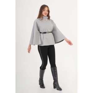 Wholesale Grey <b>Poncho</b> <b>for</b> <b>Women</b> Belt Detail Single Button Coat - Product Image 4