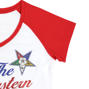 OES T-shirt blanc à col en V 100% coton Chemise Order of Eastern Star Vêtements de sororité fraternité personnalisés Manches raglan brodées - Product Image 4