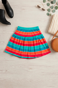 Minigonna a pieghe a righe per ragazze, stile bohémien, in poliestere chiffon stampato, per feste estive alla moda - Product Image 4