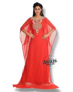 Vestido Largo de Gasa Étnico para Mujer, Talla Grande, Ligero, Cuello Alto, Manga Larga, Dobladillo Evase, Adornado con Cuentas a Mano, Color Sólido, Poliéster - Product Image 1