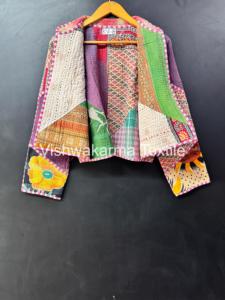 Vintage Kantha <b>Quilted</b> Jacket Women Handmade Reversible Cotton Short Autumn Winter Finished Coat - Product Image 5
