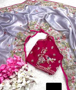 Saree de fête avec de beaux fils à broder Codding and Sequence Work Fancy Heavy Jimmi Cho Saree avec des pièces de chemisier - Product Image 1