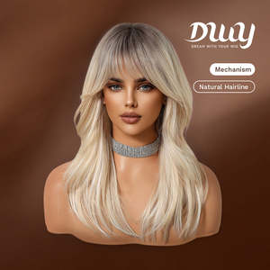 Paloma C-DWY Mid-Length Wavy Rooted Blonde <b>Wig</b> with Bangs Gen 2 Large Realistic Scalp Glueless Synthetic Transparent Lace Color - Product Image 2