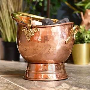 Classic antique copper <b>coal</b> bucket with sleek silhouette and brass hardware ideal for sophisticated homes with open fireplaces - Product Image 1