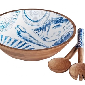 Bol de service en bois d'acacia imprimé en émail sur la face intérieure Ensemble de cuillères Bol de service en bois spécifique pour occasions Bol en bois Ensemble de cuillères de service - Product Image 4