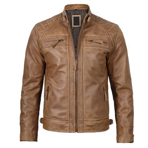Veste en cuir de couleur camel pour homme Deux poches latérales et deux poches intérieures Snap avec col zippé avec vestes à fermeture éclair - Product Image 6