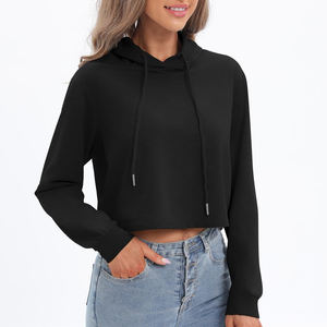 Haut court à capuche respirant et élégant pour femme, manches longues, couleur unie, style streetwear décontracté, 100 % coton - Product Image 4