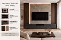 Meuble TV mural intégré moderne KEJIA avec éclairage LED, texture bois et pierre, et tiroirs