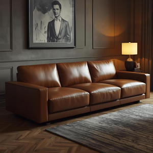 Canapé en cuir moderne du milieu du siècle avec dossier serré et accoudoirs carrés pour salon, appartement, chambre à coucher, bureau - Product Image 1