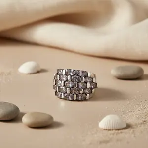 Handmade Boho Women's <b>Statement</b> <b>Ring</b> Silver with Oval-Cut Topaz Gemstones Geometric Pattern Gift Jewelry - Product Image 1