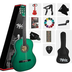 <span class=keywords><strong>Guitare</strong></span> classique verte 4/4, ensemble complet avec tige de tension réglable, accordeur, sac, sangle, capo et médiators |   Midex CG-270GR - Product Image 1