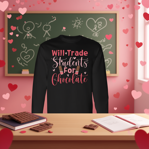 Camiseta de manga larga para estudiantes de comercio con la frase 'Will Trade Students for Chocolate', divertida camiseta para profesores del Día de San Valentín - Product Image 3