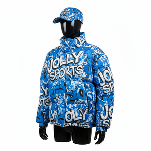 Chaqueta acolchada de poliéster de lujo 300GSM, diseño estampado azul vibrante, transferencia de calor, logotipo personalizado, ropa de moda, chaqueta acolchada para hombre - Product Image 4