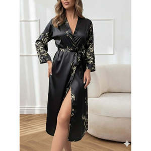 Chemise de nuit mi-longue en satin pour femme, à manches longues, col en V, imprimé floral, avec ceinture, 28568 - Noir - Product Image 1
