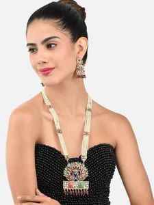 Conjunto de joyería tradicional india con Collar chapado en oro, pendientes para ocasiones especiales disponibles a los mejores precios - Product Image 3