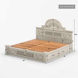 Lit de rangement King Size en bois de teck massif traditionnel tête de lit arquée 2 tables de chevet sculptées à la main ensemble de chambre à coucher meubles de maison - Product Image 5