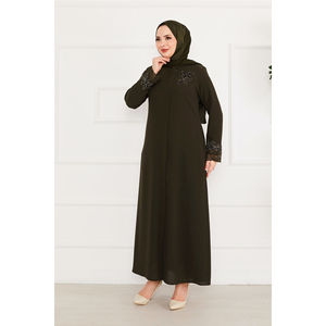 Abaya Hijab in Chiffon con Dettagli Floreali in Pizzo, Silhouette Dritta, Colore Kaki, con Bellissima Stampa Floreale - Product Image 3