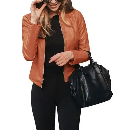 Women Jacket Motorcycle Long Sleeve Coat Leather Jacket Solid Color Women PU Leather Jackets for Ladies