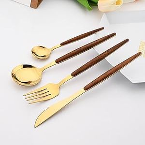 Juego de cubiertos de madera de acero inoxidable natural Ajuste de mesa orgánico y de metal duradero Apto para lavavajillas - Product Image 2