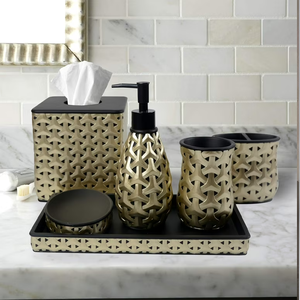 Acabado dorado Precio asequible Juego de tocador en chapa Juego de baño de lujo Accesorios de baño dorados modernos al por mayor - Product Image 2