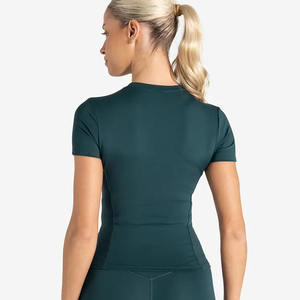 Camiseta de gimnasio para mujer de color verde azulado marino de alta demanda, camiseta elástica de manga corta de longitud completa con cuello redondo y poliéster, nueva camiseta informal de entrenamiento de Yoga - Product Image 2