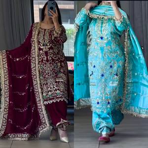 Nouvelle robe de soirée Salwar Kameez de créateur en crêpe naturel avec broderie lourde et travail de séquence de 5 mm, séchage rapide, toutes saisons - Product Image 4