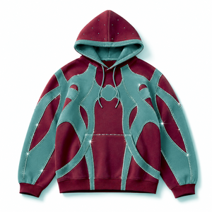 Custom Heavyweight <b>Red</b> Grey Graphic Rhinestone Hoodie Oversized Streetwear Fleece Pullover <b>Sweatshirt</b> High Quality Manufacturer - Product Image 6