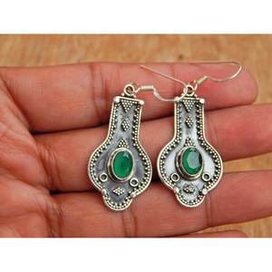 925 Sterling Silver Green <b>Onyx</b> Handmade Vintage Dangle <b>Earrings</b> Fine Jewelry Gift Item E0096-GS - Product Image 2