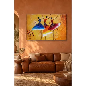 Fida Trois danseuses en jupes tricolores sur fond orange, impression sur toile - Product Image 4