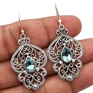 Boucles d'oreilles pendantes en topaze bleue pour femmes, bijoux en argent sterling 925, cadeau - Product Image 1