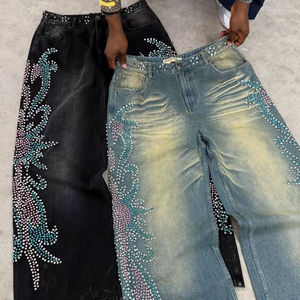 Jean en denim taille haute à jambe large avec broderie florale à sequins, style streetwear, en coton délavé, coupe ample, pour l'automne - Product Image 3