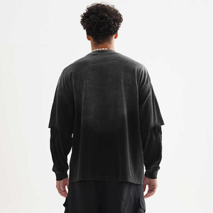 Camisetas de logotipo de diseño personalizado de alta calidad, camiseta de manga larga de doble capa con lavado ácido de piedra desgastada rasgada Vintage para hombres - Product Image 4