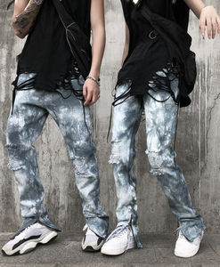 Pantalon slim droit délavé à fente avec fermeture éclair ouverte à la mode pour hommes, jean taille haute délavé déchiré maman tie dye empilé pour hommes - Product Image 1