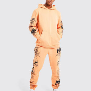 ชุดวอร์มสองชิ้นแบบสวมหัวสำหรับผู้ชายชุดวอร์มแบบสวมหัวพิมพ์โลโก้พัฟแบบเรียงซ้อนกางเกงทรงบานมีฮู้ดชุดวอร์มขายดี - Product Image 1