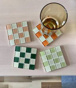 Factory Price Square Checkerboard Glass Mosaic Coaster <b>Table</b> <b>Protection</b> Drink Mat Barware Kitchen Accessory Coffee Mug Pads - Product Image 1