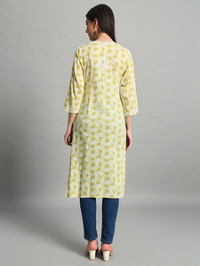 Chikankari แบบดั้งเดิมของผู้หญิงชุดเดรสลำลองเย็บปักลายแบบ Kurta สีทึบผ้าทอเป็นทางการยาวคลุมเข่าทำจากผ้าฝ้าย - Product Image 3