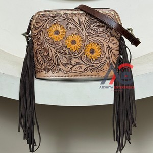 2025 Custom Vintage Style Tooled Cow Leather Sunflower Crossbody Fringe Bag Premium Quality Leather Shoulder Handbag for Women's - Product Image 1