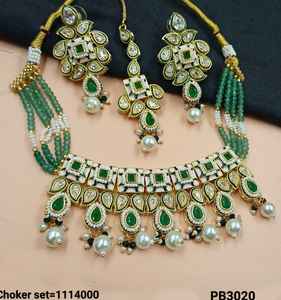 Most Trendy <b>Jewellery</b> For Indian Wedding Function CZ Stone Studded With Pearl Work Necklace Set Earrings & Mangtika Set - Product Image 2